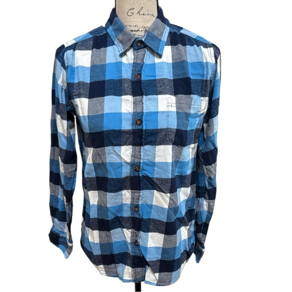 Cozy Lands' End Flannel Button Down Blue & White Shirt
